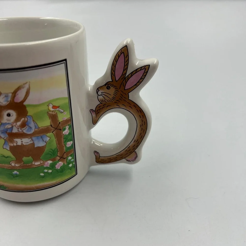 Vintage Glazed Ceramic Coffee Mug‎ Cup Spring Easter Bunny Rabbit Handle